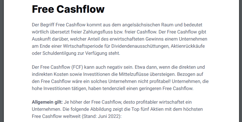 Free Cashflow - Quelle: High-Growth-Investing-Strategie eBook