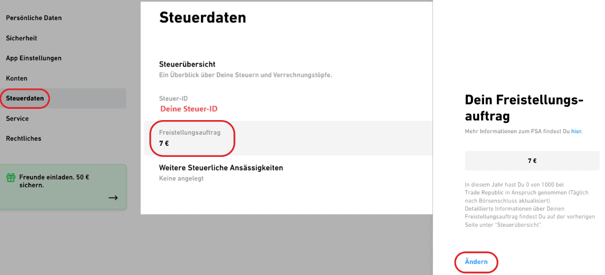 Freistellungsauftrag bei Trade Republic unter Steuerdaten aufrufen