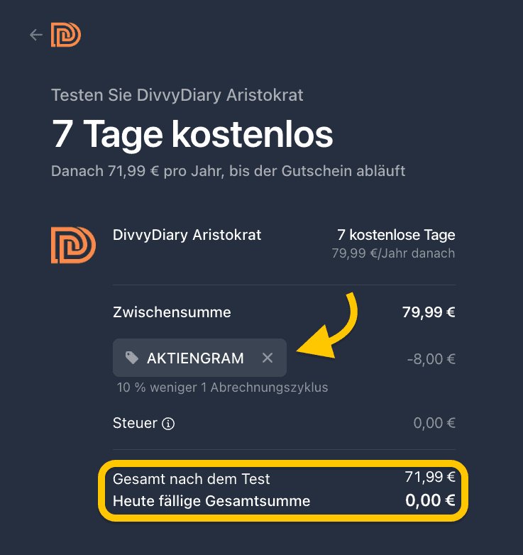 DivvyDiary Gutscheincode „AKTIENGRAM“ – 10 % Rabatt sichern