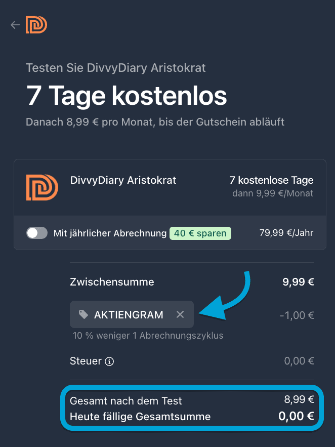 DivvyDiary Gutscheincode „AKTIENGRAM“ – 10 % Rabatt sichern