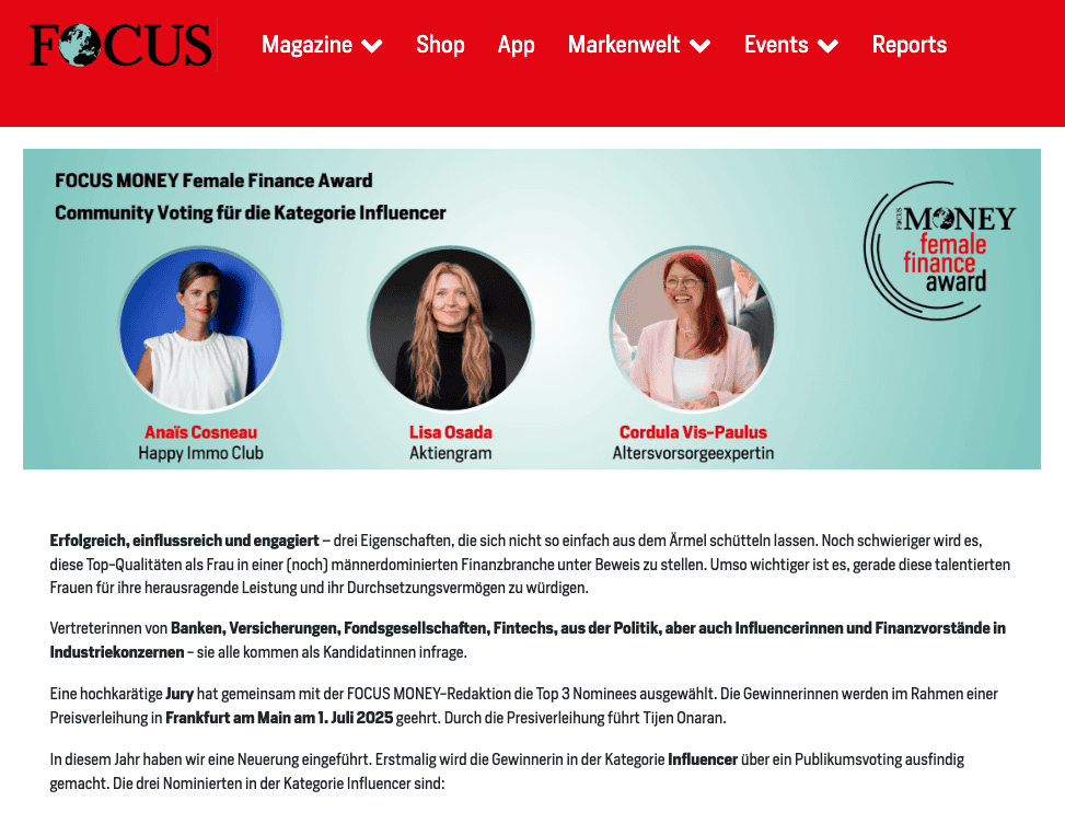 FOCUS MONEY Female Finance Award