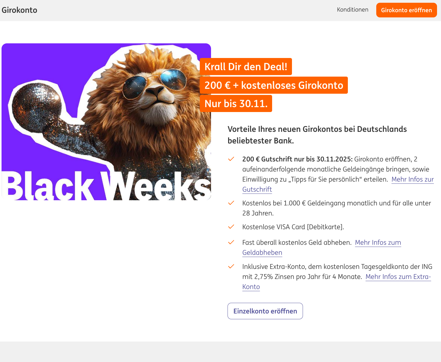 ING Black Weeks: 200 € Girokonto-Bonus