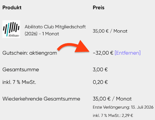 Abilitato Gutschein Code aktiengram 32 € Rabatt