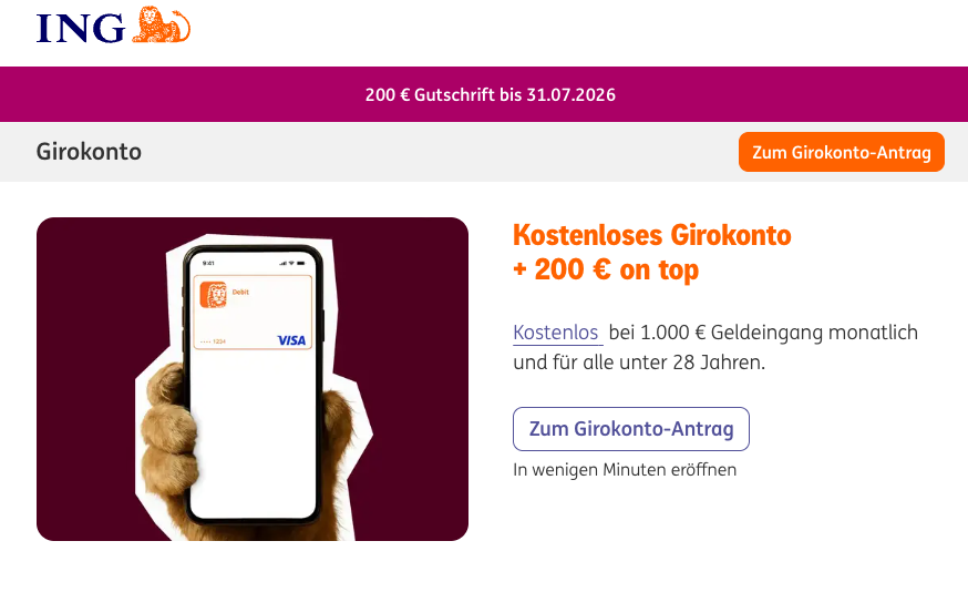 Kostenloses Girokonto + 200 € on top