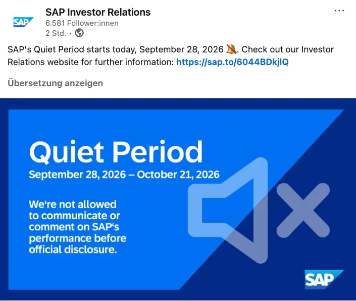 LinkedIn-Post von SAP Investor Relations zur Quiet Period vom 28. September bis 21. Oktober 2026