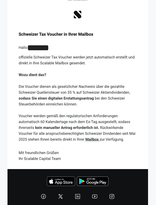 Schweizer Tax Voucher: Automatische Zustellung
