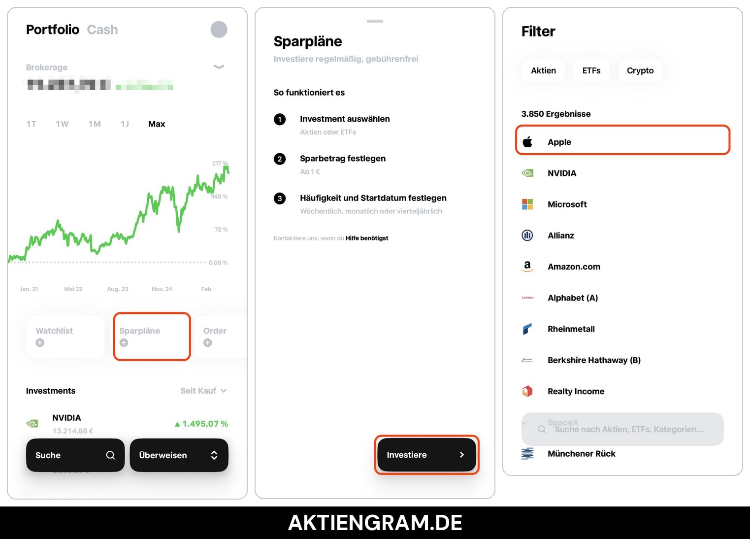 Trade Republic App: Sparplan einrichten über die Kachel Sparpläne, Investiere und Auswahl der Apple-Aktie