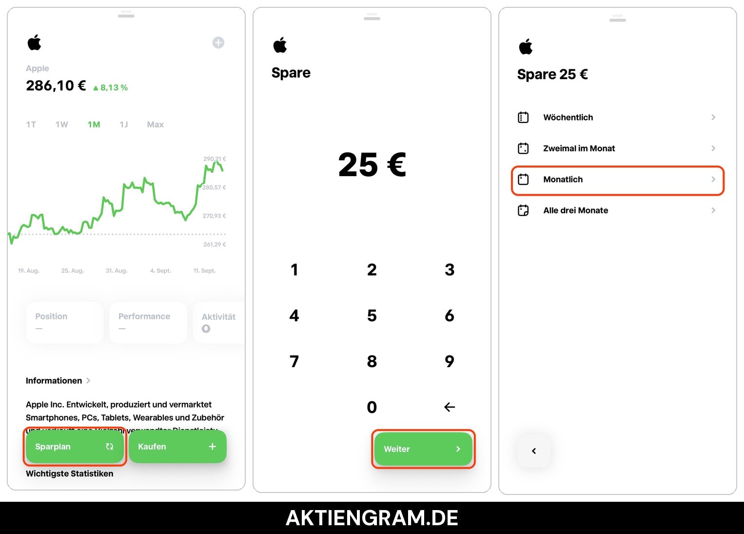 Trade Republic App: Sparplan-Button auf der Aktienseite, Sparbetrag eingeben und Intervall auswählen