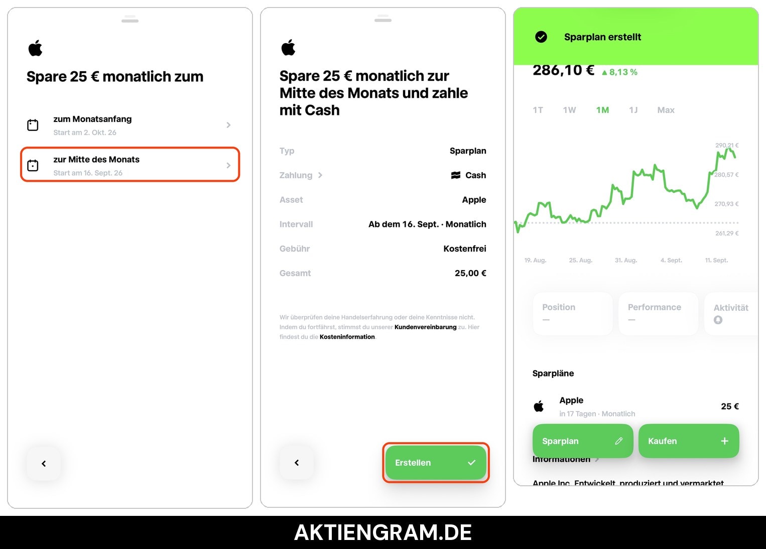 Trade Republic App: Ausführungstag zur Monatsmitte wählen, Übersicht prüfen und Sparplan erstellen