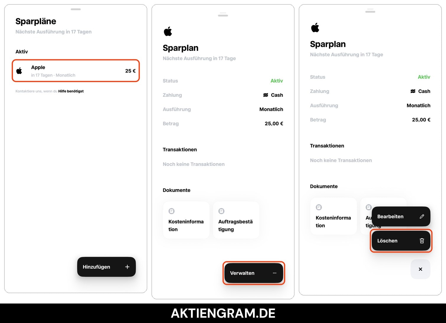 Trade Republic App: Sparplan in der Übersicht auswählen, Verwalten antippen und Sparplan löschen oder bearbeiten