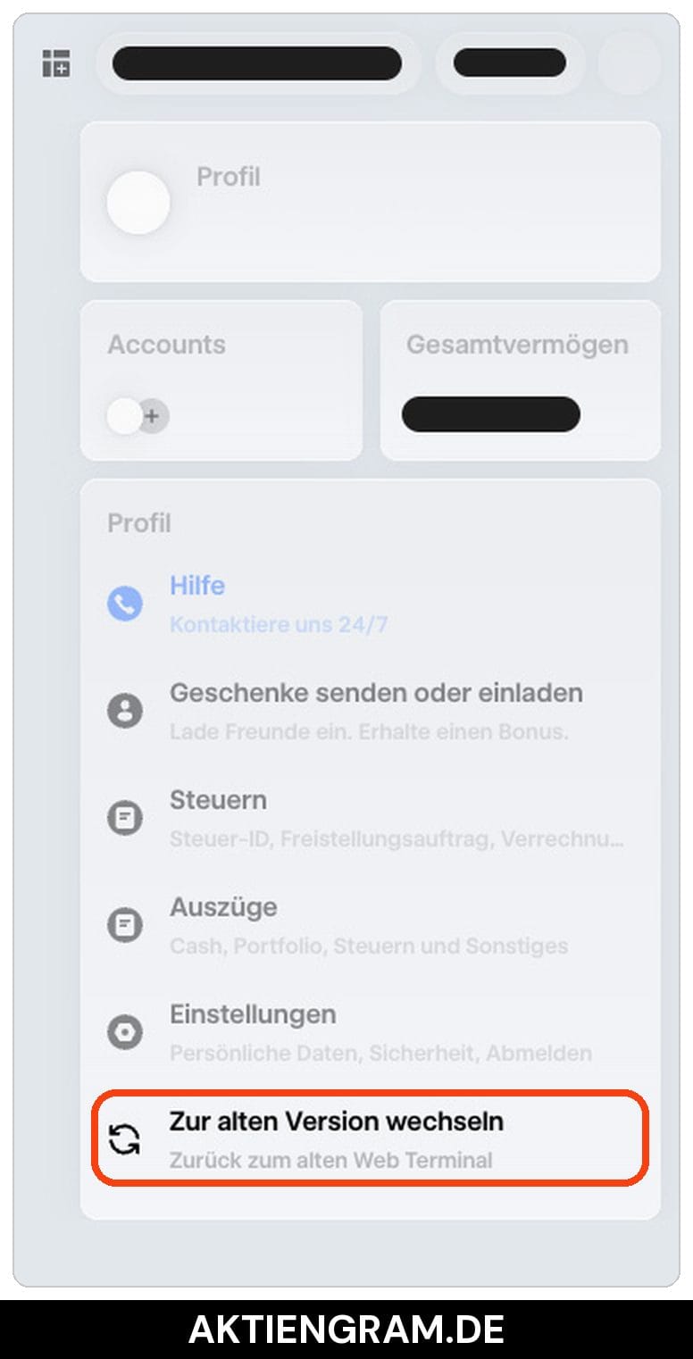 Trade Republic Web-Terminal: Profilmenü mit dem Punkt Zur alten Version wechseln