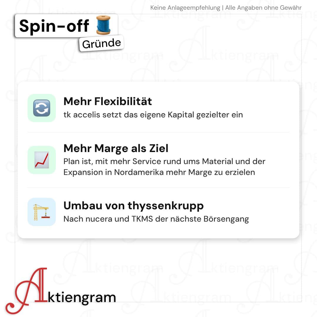 Gründe für den Spin-off von tk accelis: mehr Flexibilität, mehr Marge durch Service und Nordamerika, Umbau von thyssenkrupp