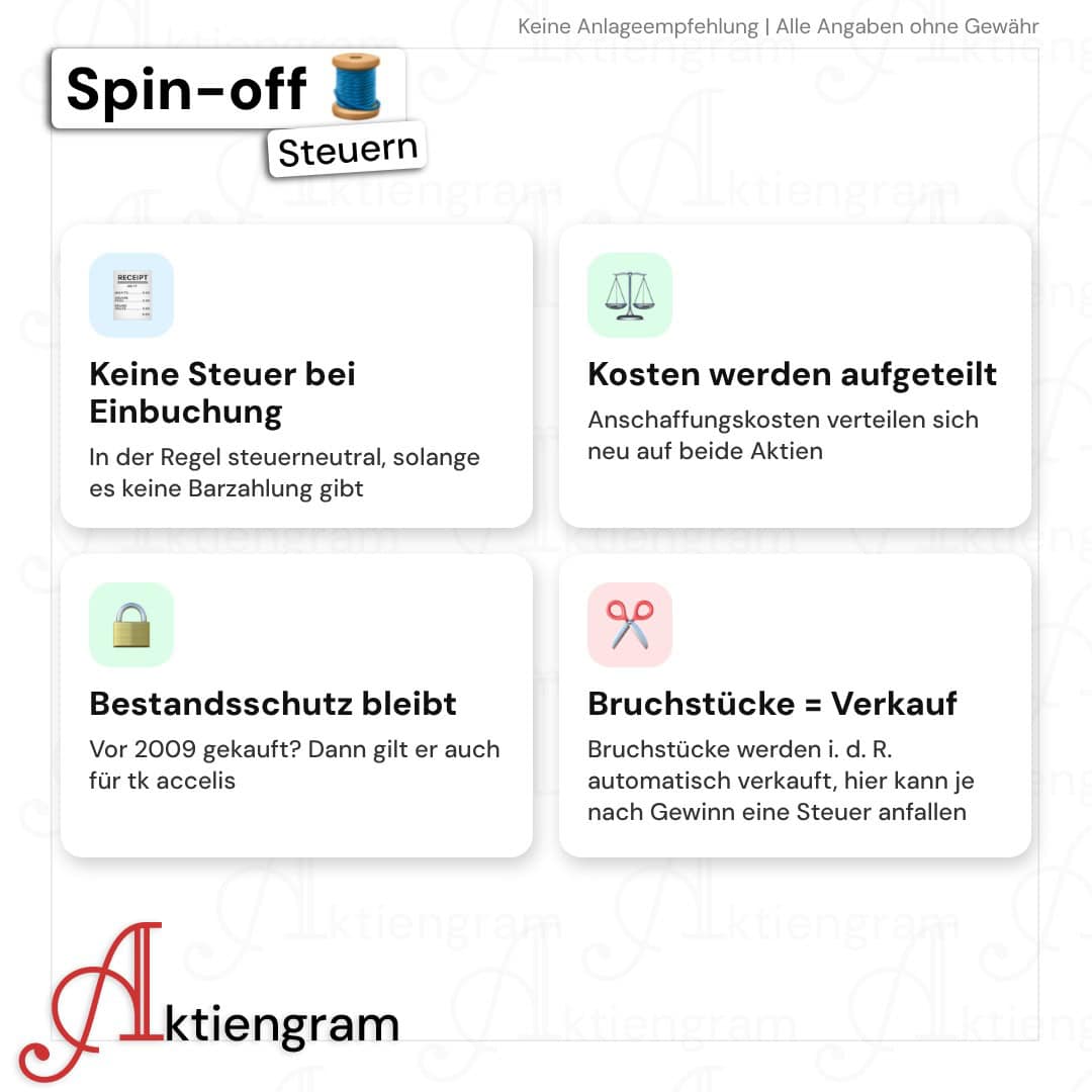 Steuern beim thyssenkrupp Spin-off: keine Steuer bei der Einbuchung, Anschaffungskosten werden aufgeteilt, Bestandsschutz bleibt, Bruchstücke gelten als Verkauf