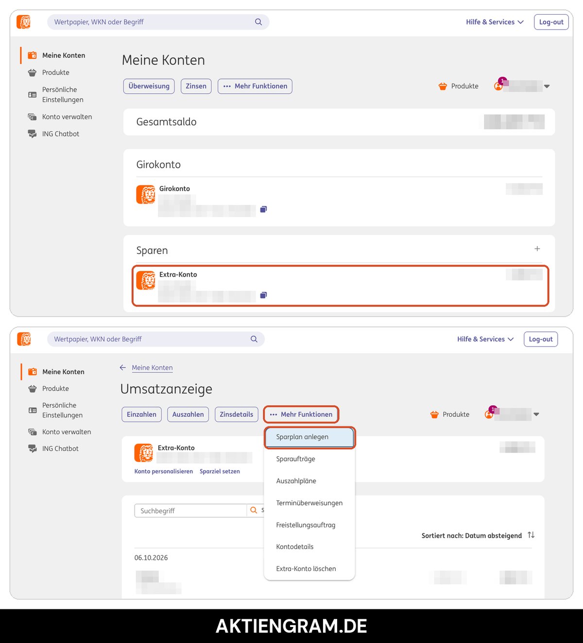 ING Online-Banking: Extra-Konto auswählen und über Mehr Funktionen auf Sparplan anlegen klicken