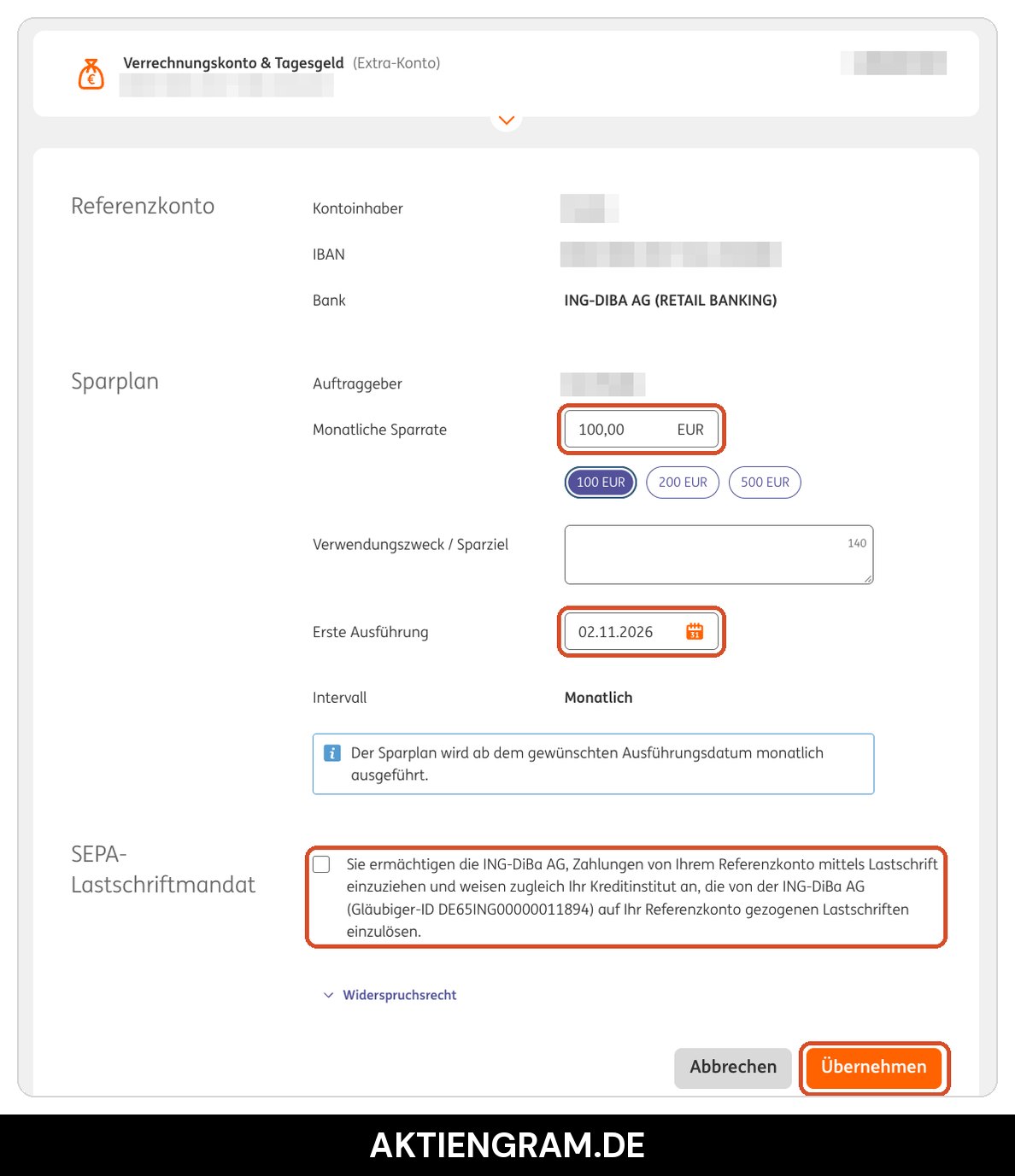 ING Sparplan einrichten: monatliche Sparrate, erste Ausführung, SEPA-Lastschriftmandat und Übernehmen