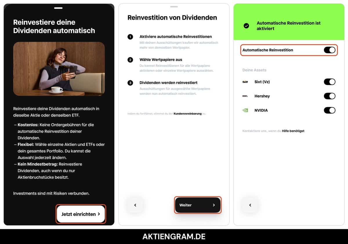 Trade Republic App: Dividenden automatisch reinvestieren einrichten mit Jetzt einrichten, Weiter und dem Schalter Automatische Reinvestition