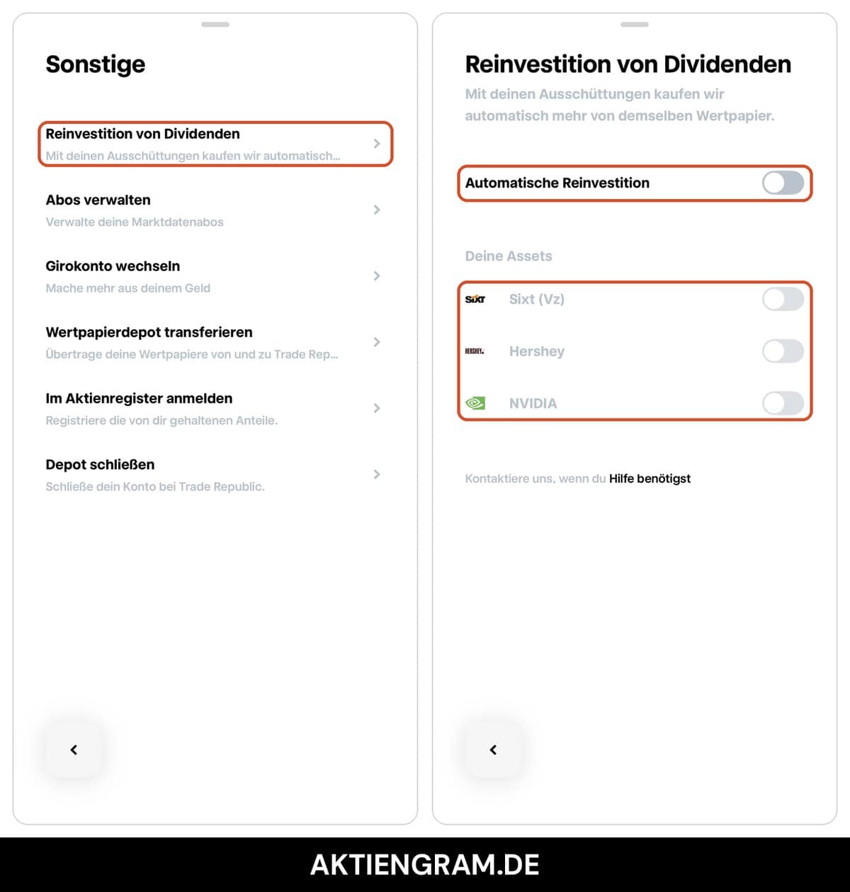Trade Republic App: Unter Sonstige Reinvestition von Dividenden öffnen und für alle oder einzelne Wertpapiere aktivieren